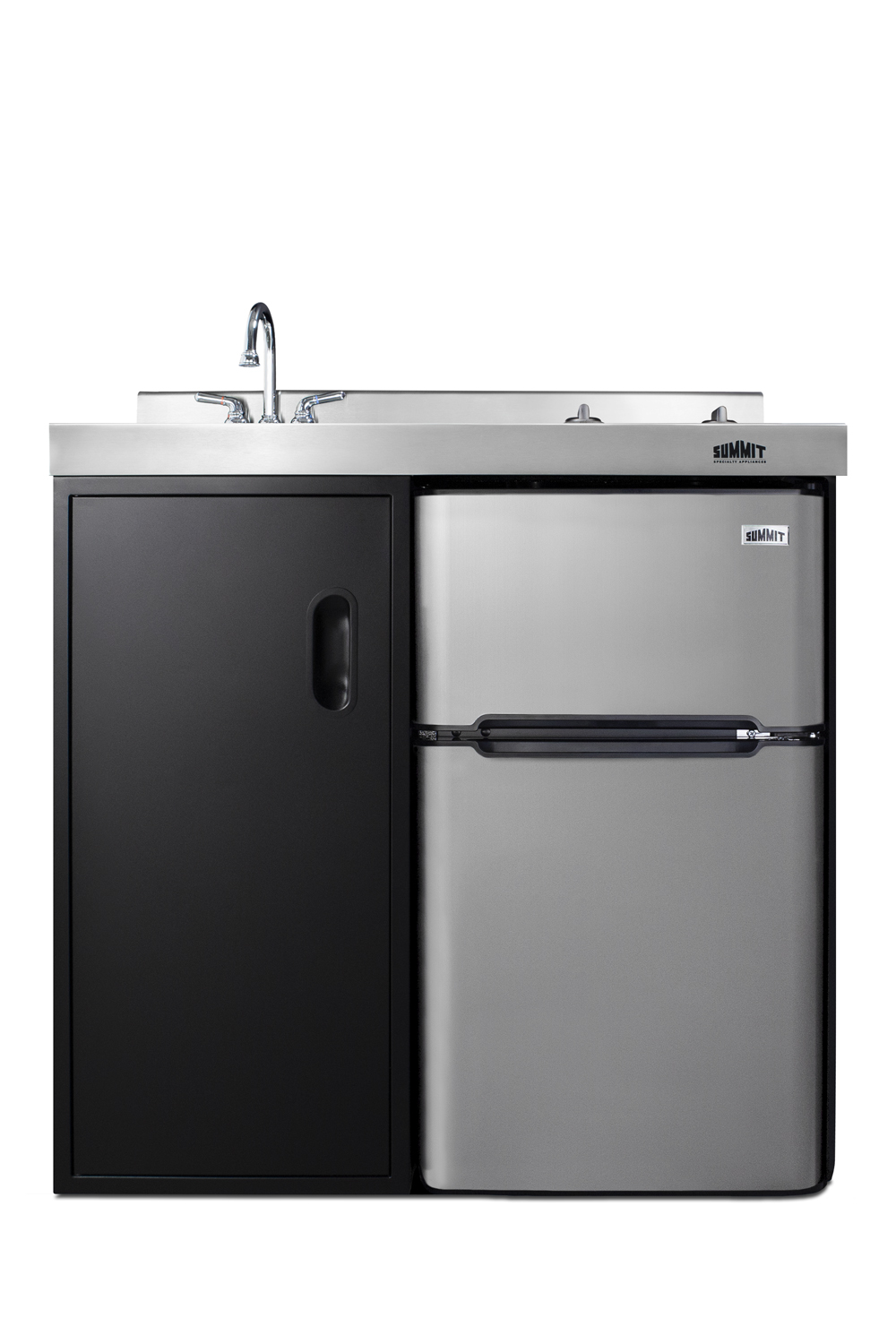 36 inch wide all-in-one kitchenette in black with a 2-burner 115V smooth-top cooktop, 2-door refrigerator-freezer, sink, and storage cabinet